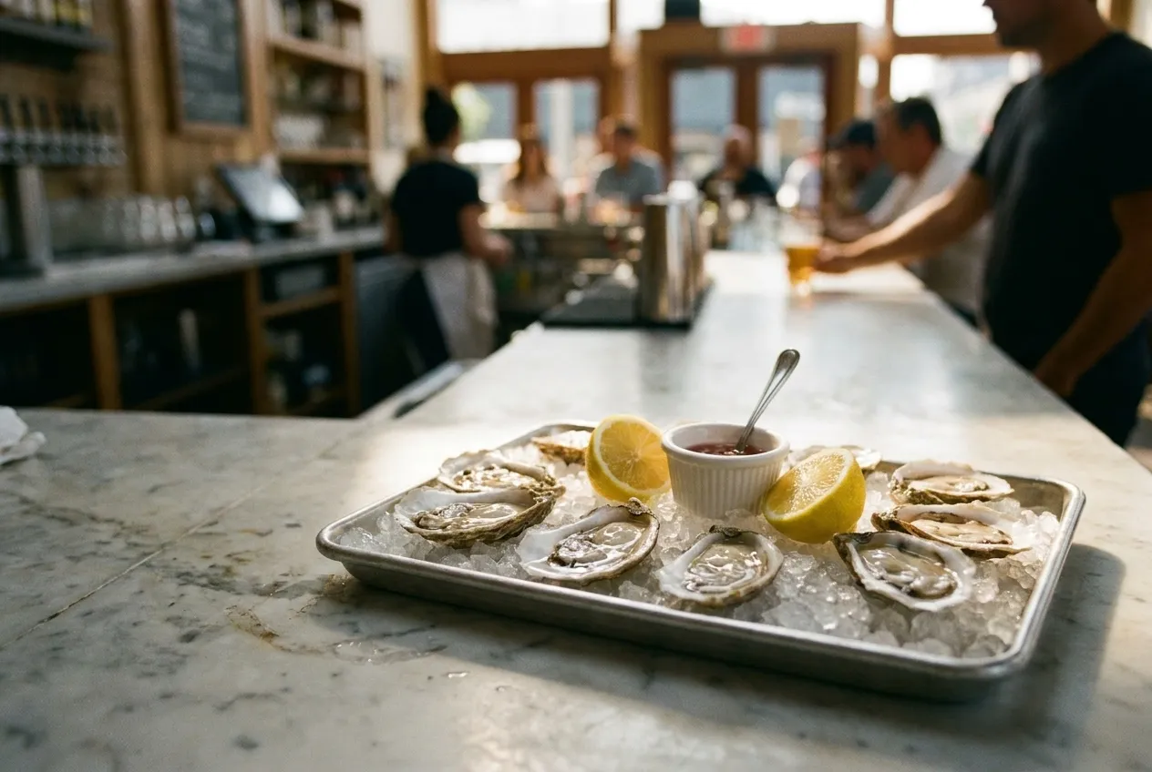 Opened oysters arranged on crushed ice on a marble counter, lemon halves and a small dish of sauce set beside them