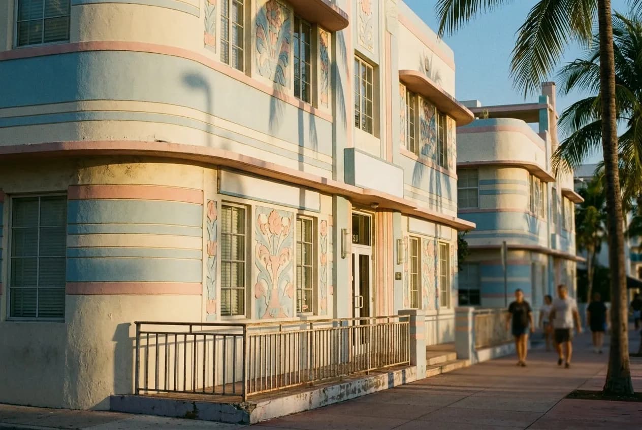 A pastel art deco frontage with rounded corners and horizontal banding catching low evening light, palms throwing shadows across the render