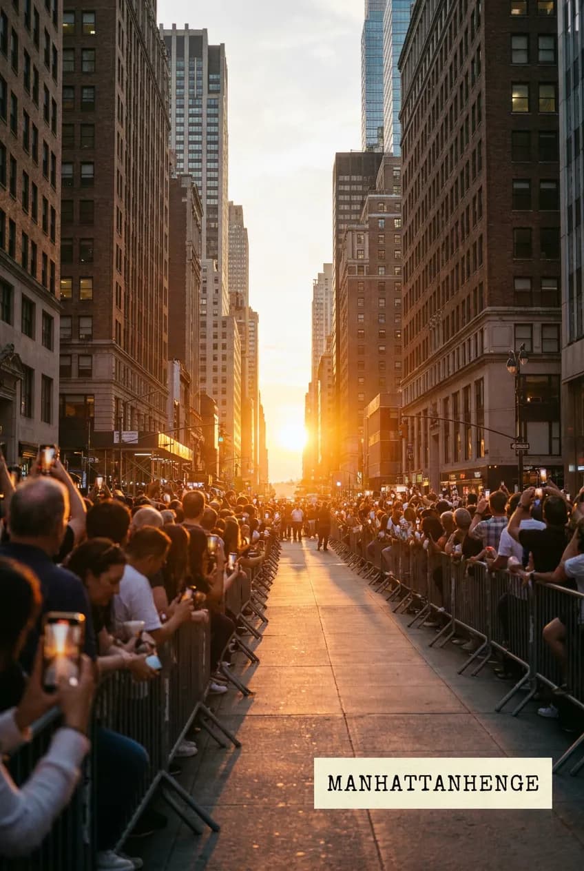 Manhattanhenge sunset aligned with a wide NYC cross street