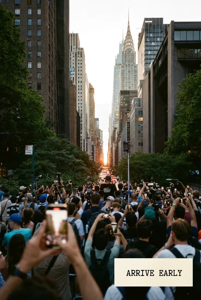 Sidewalk crowd waiting for Manhattanhenge in Midtown