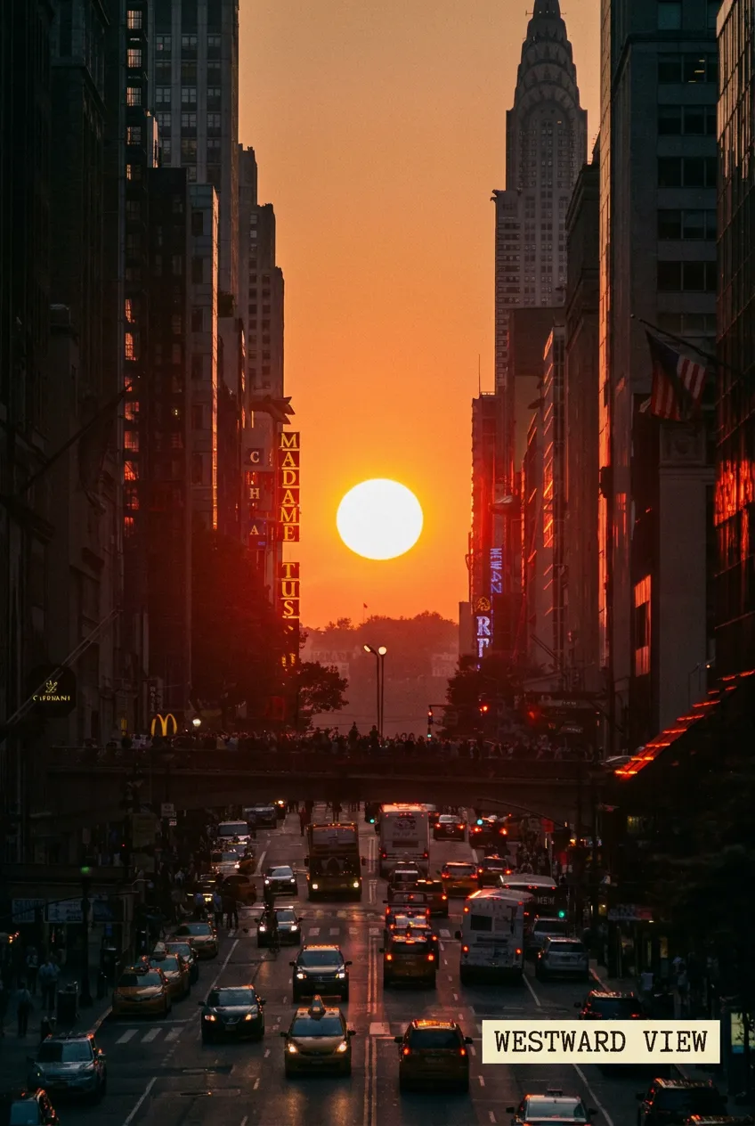 Long view down a Manhattan street for summer Manhattanhenge
