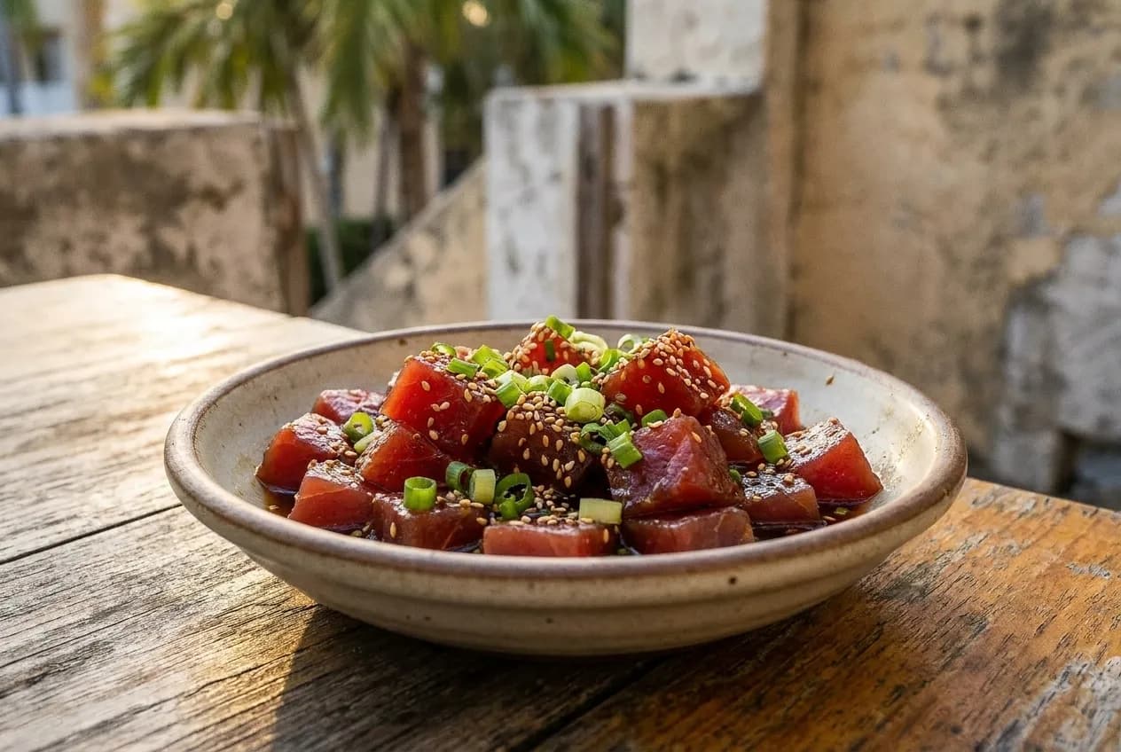Cubes of deep red raw tuna glossed with marinade in a shallow bowl, spring onion and sesame scattered over the top