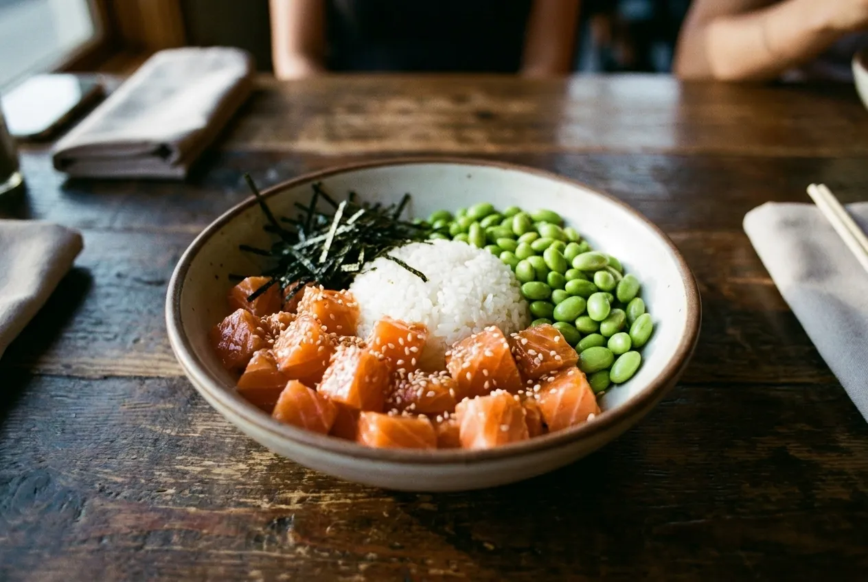 A bowl seen from directly above with cubes of orange fish over rice, edamame, seaweed and sesame arranged around the edge