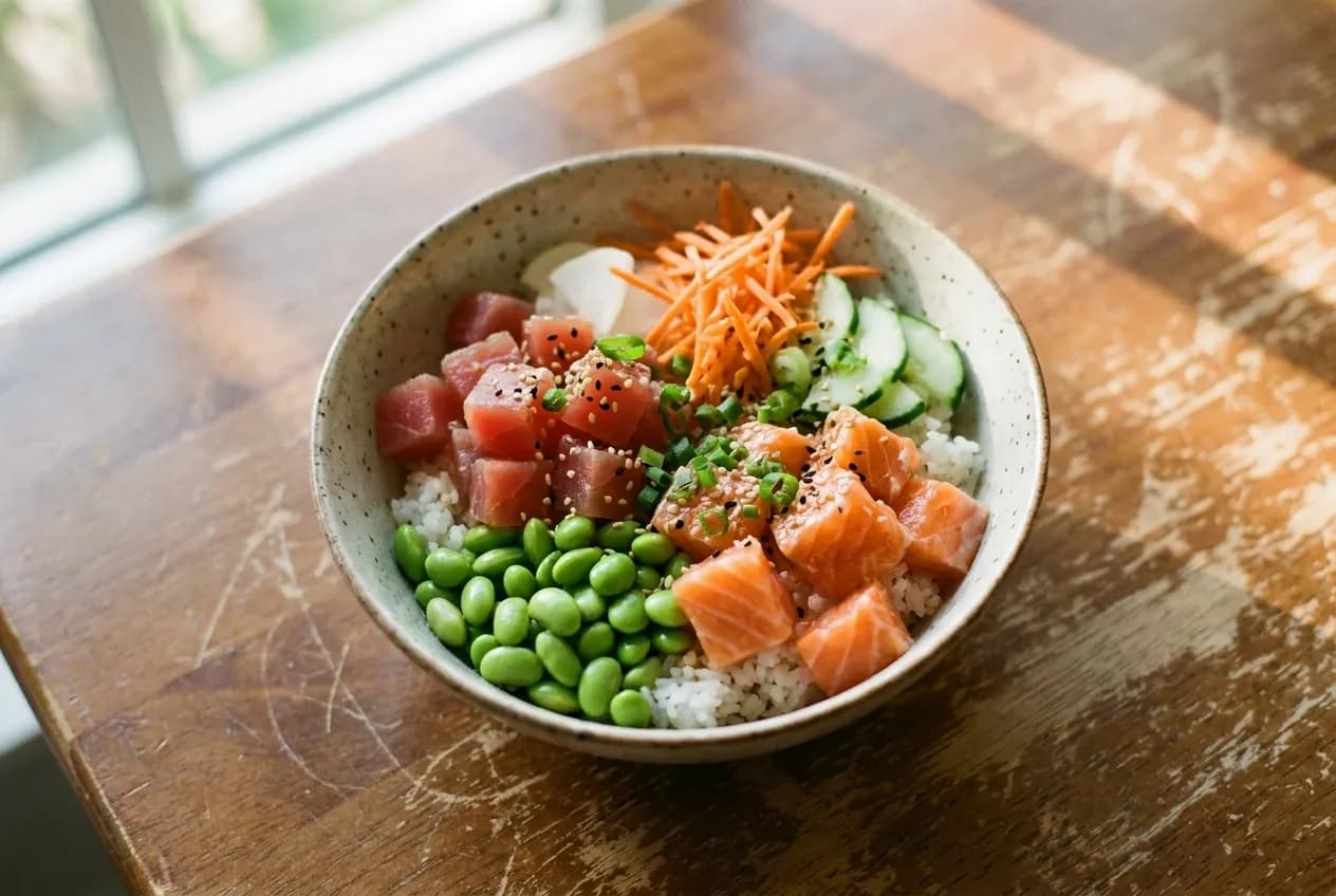 A bowl photographed from directly above, rice underneath with cubes of fish, edamame and shredded vegetables arranged in sections