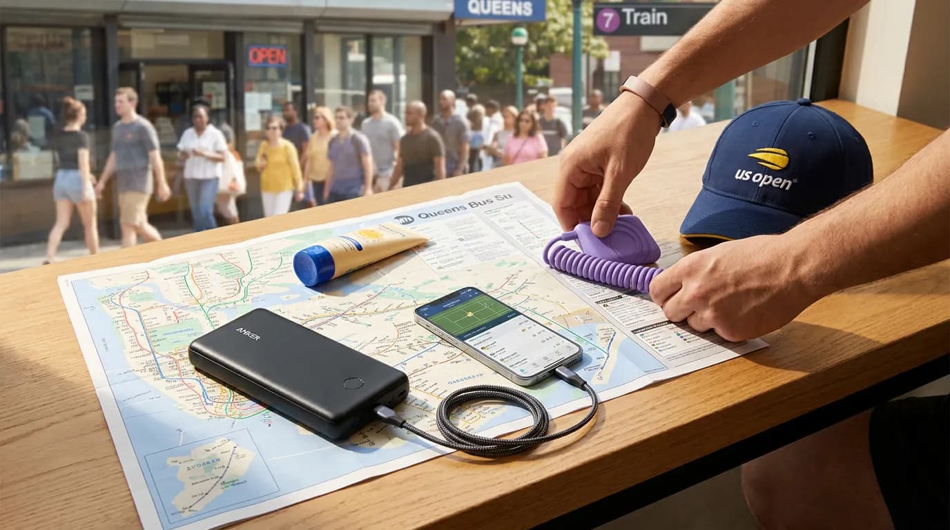 Photorealistic US Open tennis scene for Best Portable Chargers for Long US Open Days.
