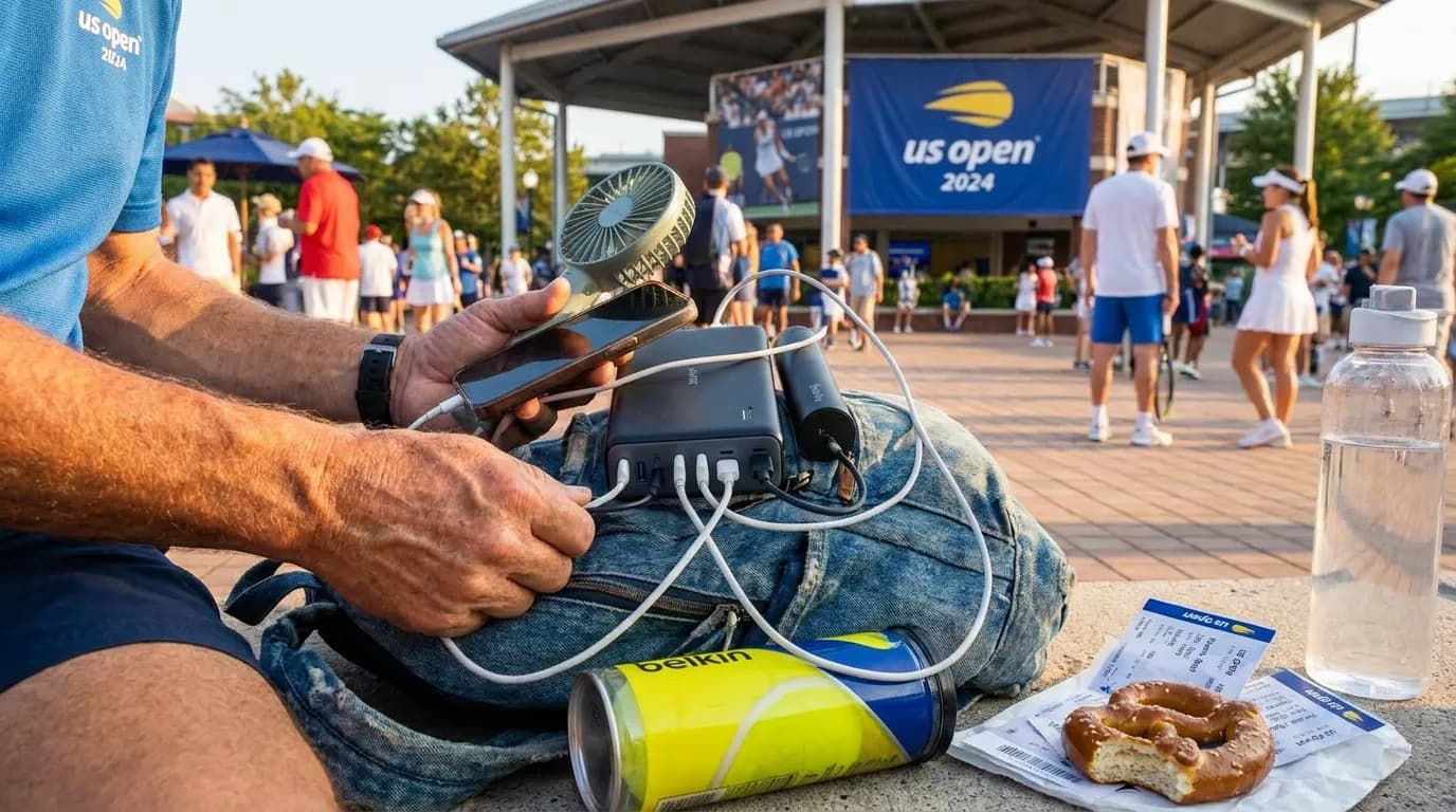 Photorealistic tennis scene illustrating Best Portable Chargers for Long US Open Days.