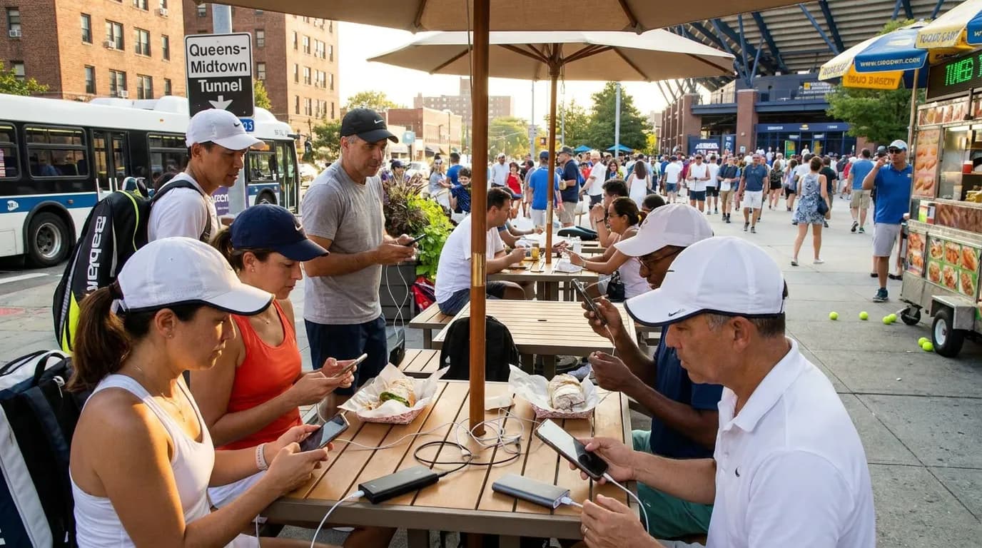 Bright US Open tennis atmosphere illustrating Best Portable Chargers for Long US Open Days.