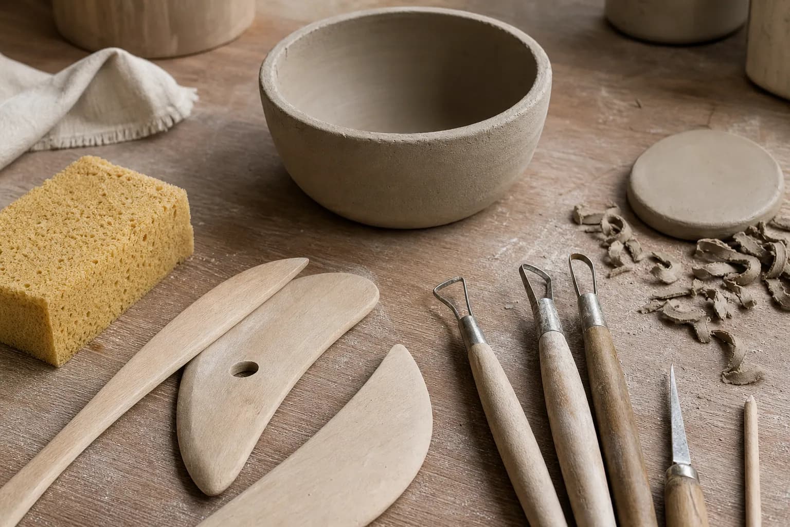 Clay tools, a small bowl, and studio materials arranged on a wooden table.