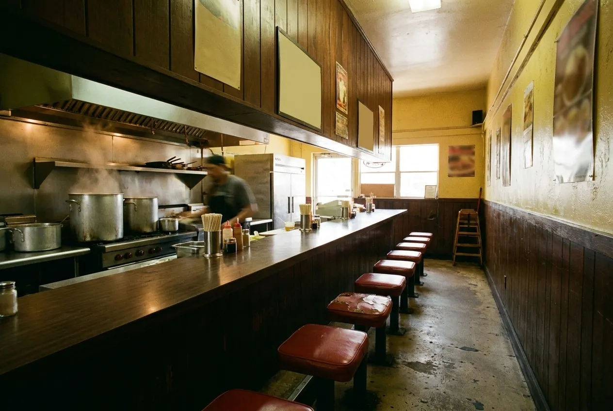 A narrow restaurant interior with a counter facing an open kitchen, stools along it and steam rising from a pot behind the pass