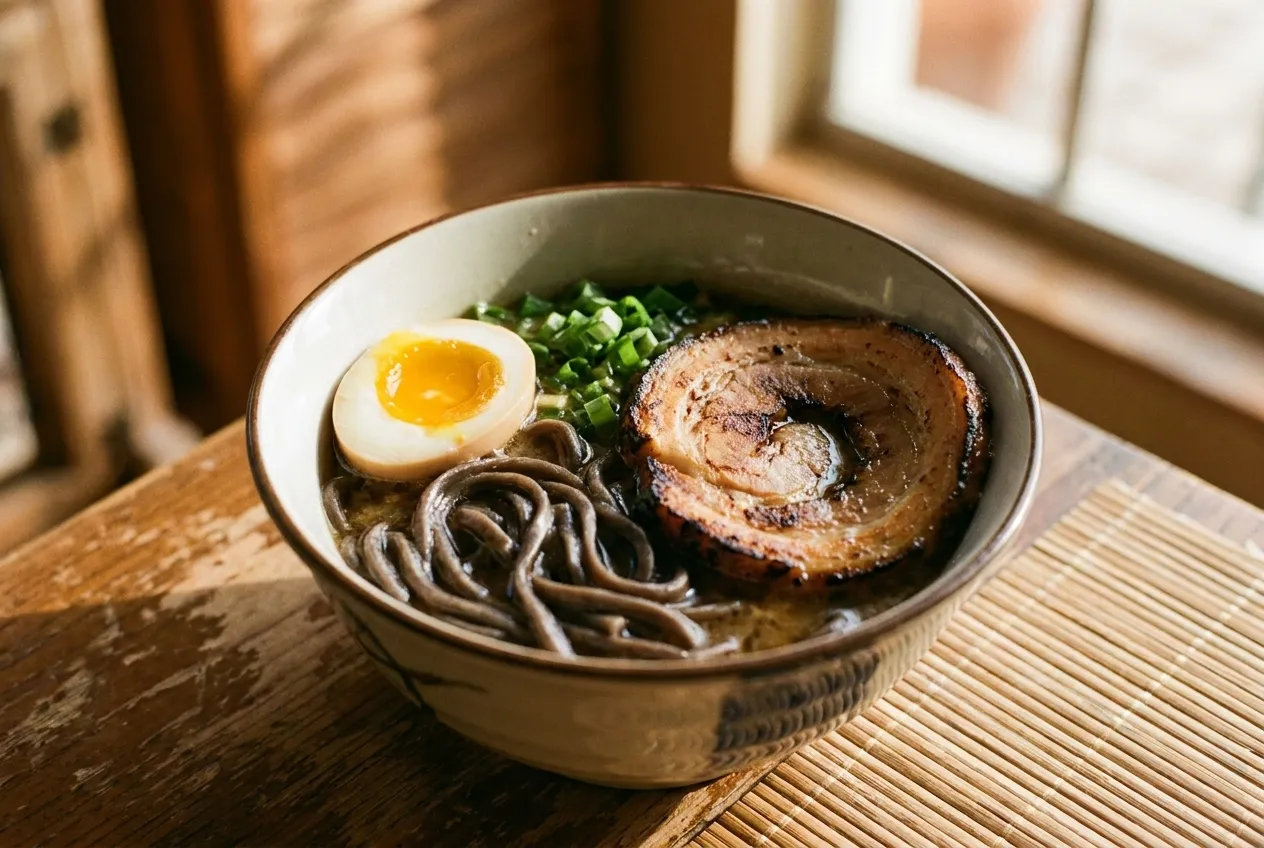 A bowl of ramen from above with a halved soft egg, a slice of rolled pork and dark noodles visible under the surface
