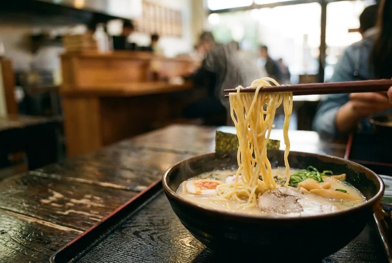 Noodles lifted from a bowl on chopsticks with broth dripping back, steam rising and the bowl soft-focused below