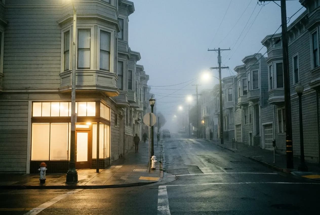 A wide residential street disappearing into heavy fog, low houses on both sides and a single lit shopfront glowing at the near corner
