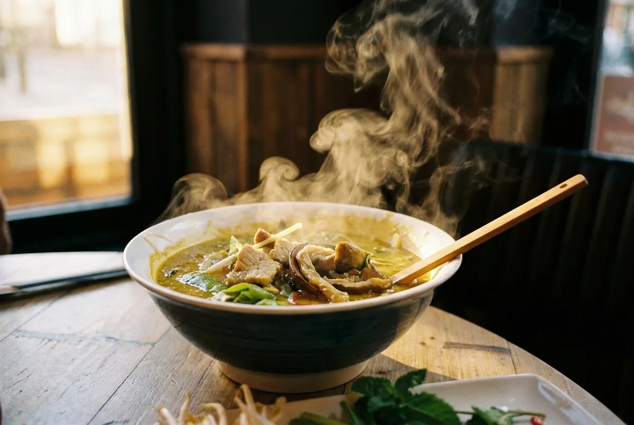 A deep bowl of broth with steam rising thickly off the surface, the light catching the vapour against a dark background