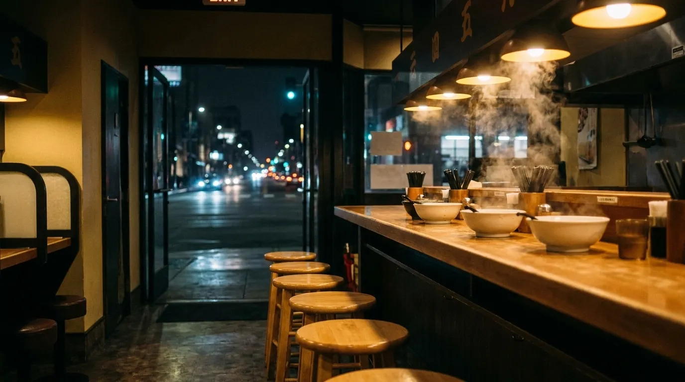 A narrow Los Angeles ramen counter late at night, warm overhead lamps above a wooden bar, steam rising from bowls and a handful of stools occupied