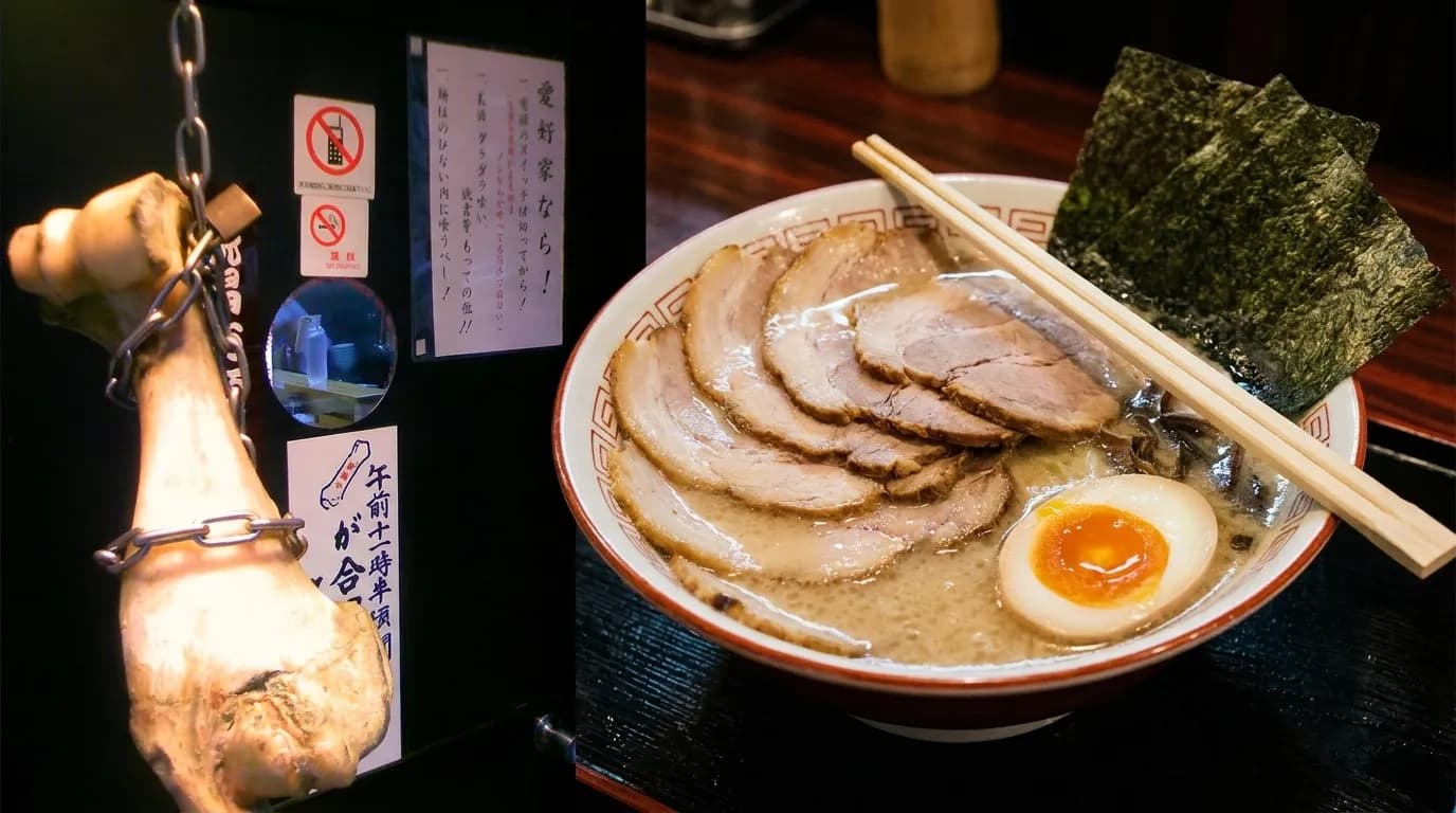 A close overhead view of a tonkotsu ramen bowl on a dark counter, chashu slices, soft egg halved to show the yolk, nori leaning against the rim and steam catching the light