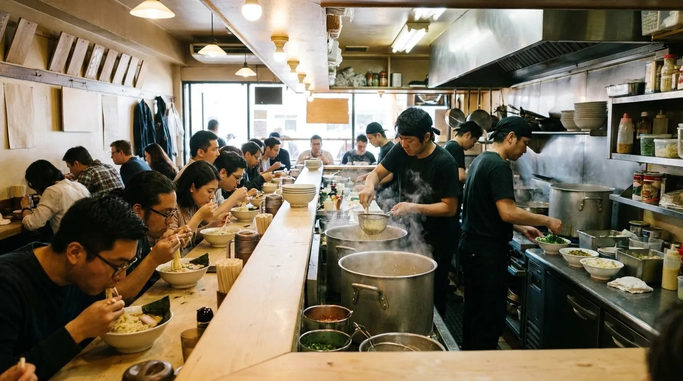 A Los Angeles ramen shop interior at lunchtime, a wooden counter along an open kitchen with cooks straining noodles and a full row of seated diners