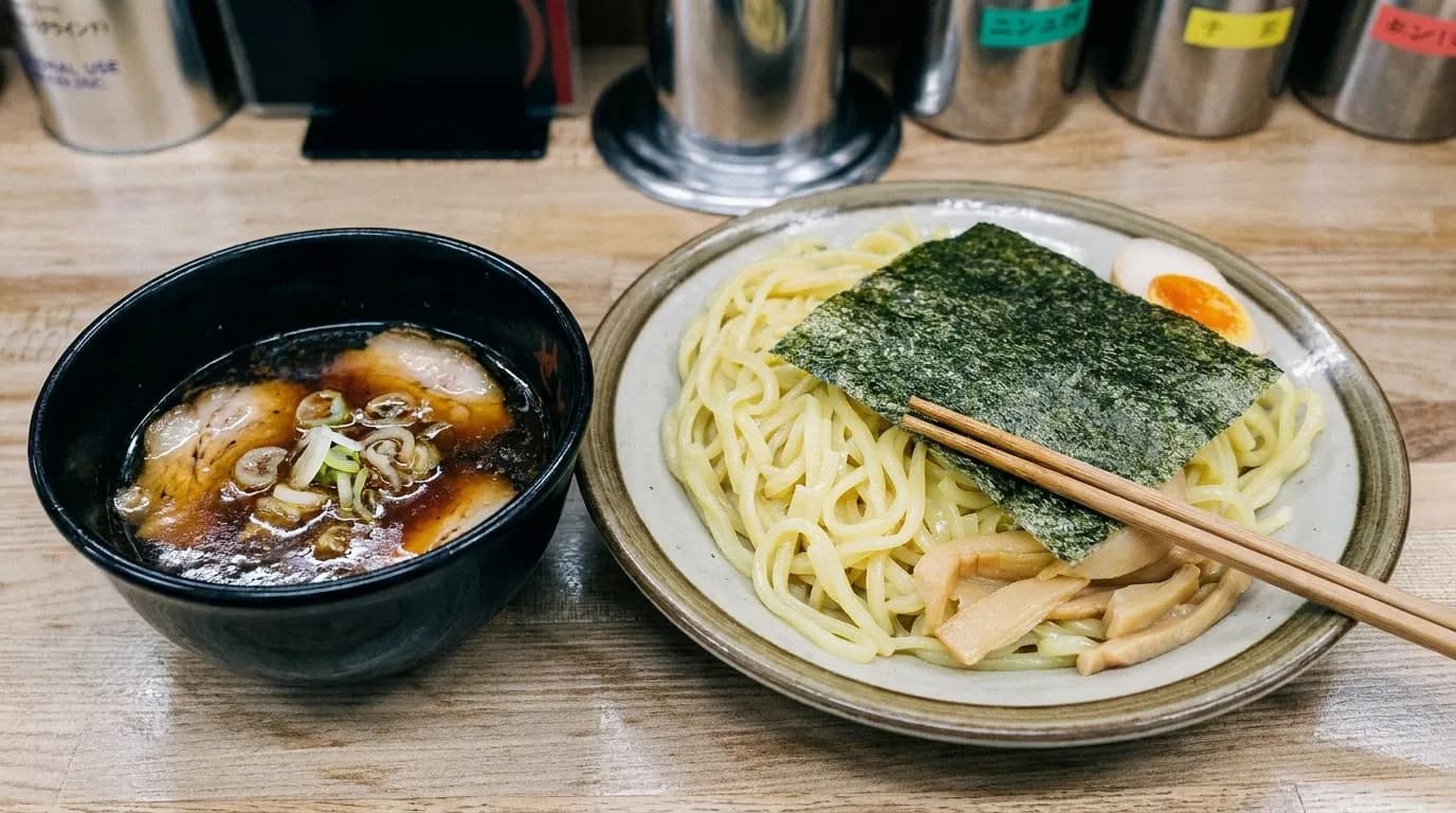 A close view of a bowl of tsukemen: cold ramen noodles coiled on one plate beside a small bowl of dark concentrated dipping broth with chashu and spring onion, chopsticks resting across the noodles