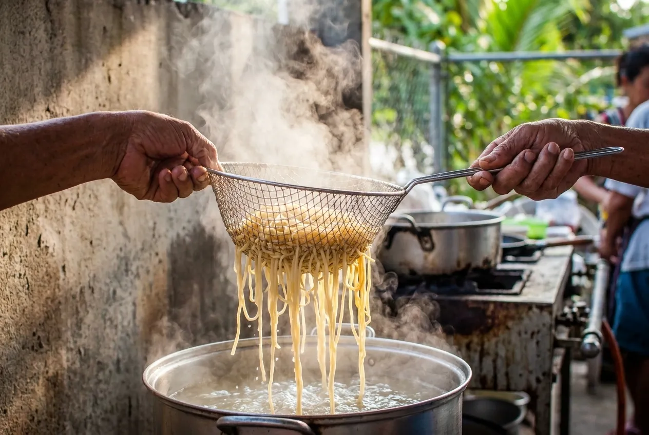 A basket of noodles being lifted from boiling water with steam rising, the strands separating as they come clear