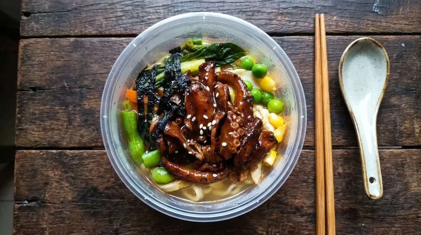 A bowl of vegetable ramen from above on a dark table, mushrooms, greens, squash and corn arranged over noodles in a pale broth with chopsticks alongside