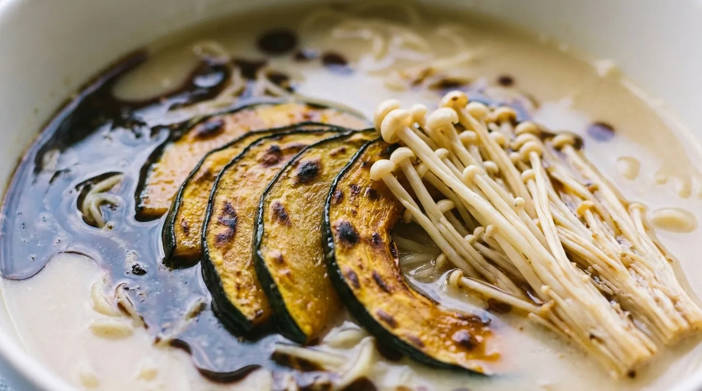 A close overhead view of a vegetable ramen bowl, thin slices of roast squash, wilted greens, sweet corn and a cluster of enoki mushrooms arranged over noodles in a clear pale broth