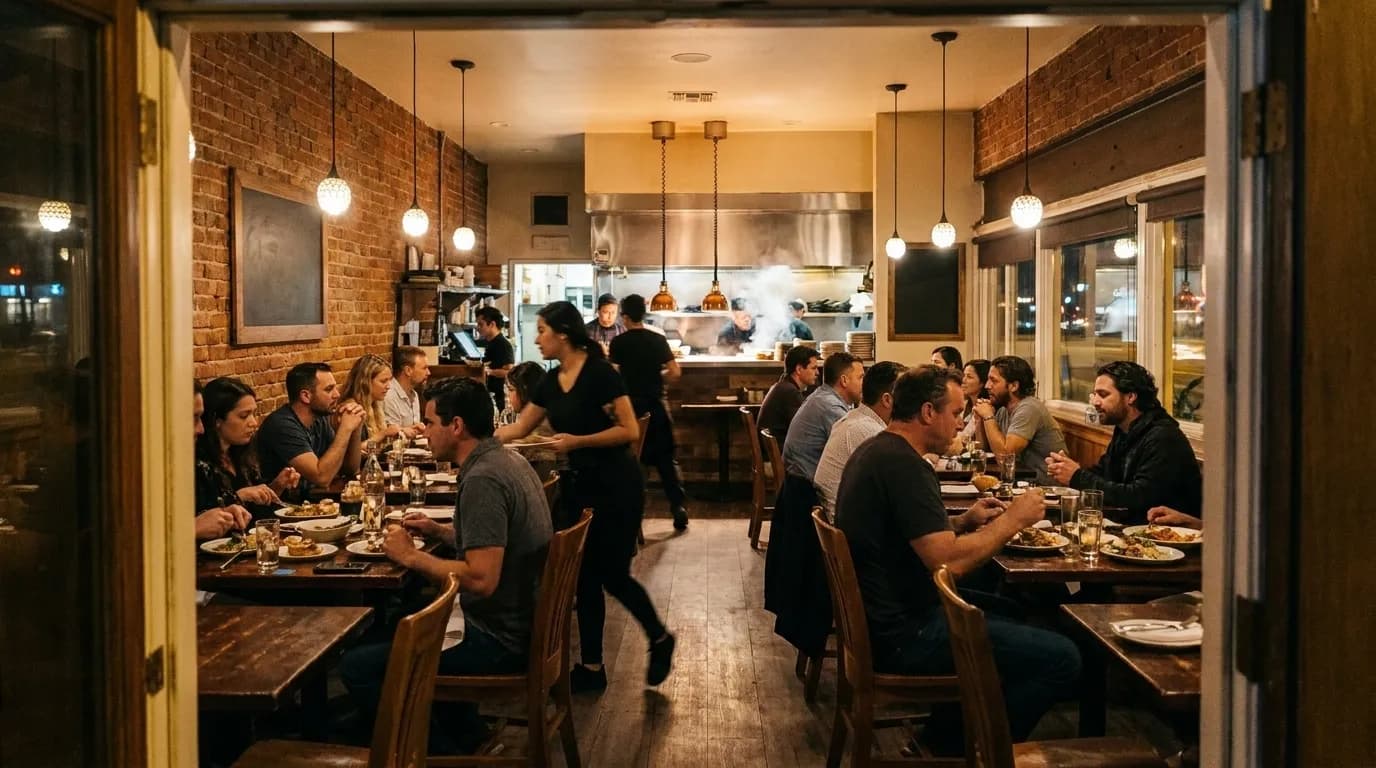 A warm, busy Los Angeles dining room in the evening seen from the doorway, brick walls, an open kitchen pass at the back and full tables under low pendant lights