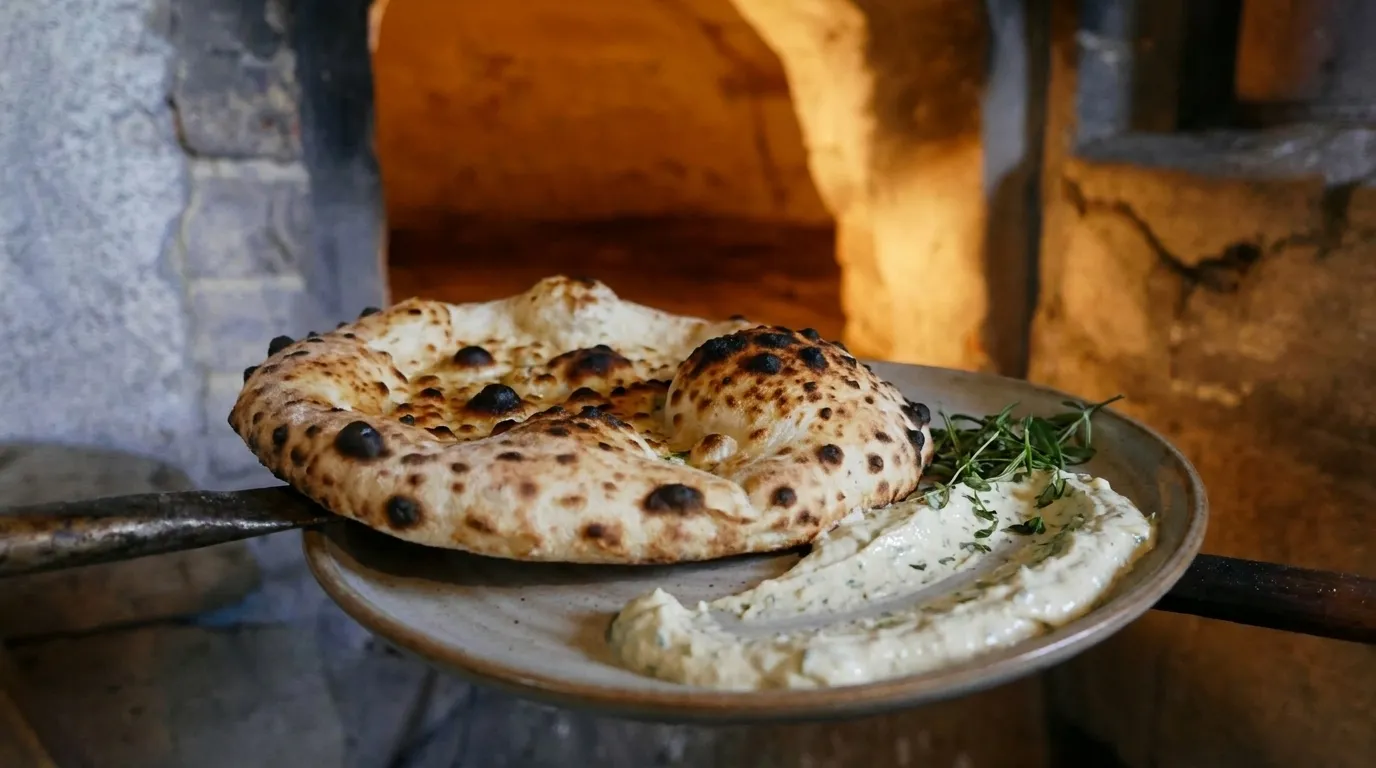 A close view of a wood-fired flatbread being lifted onto a plate, charred blisters across the surface and a smear of dip alongside, with the blurred warmth of an open kitchen behind