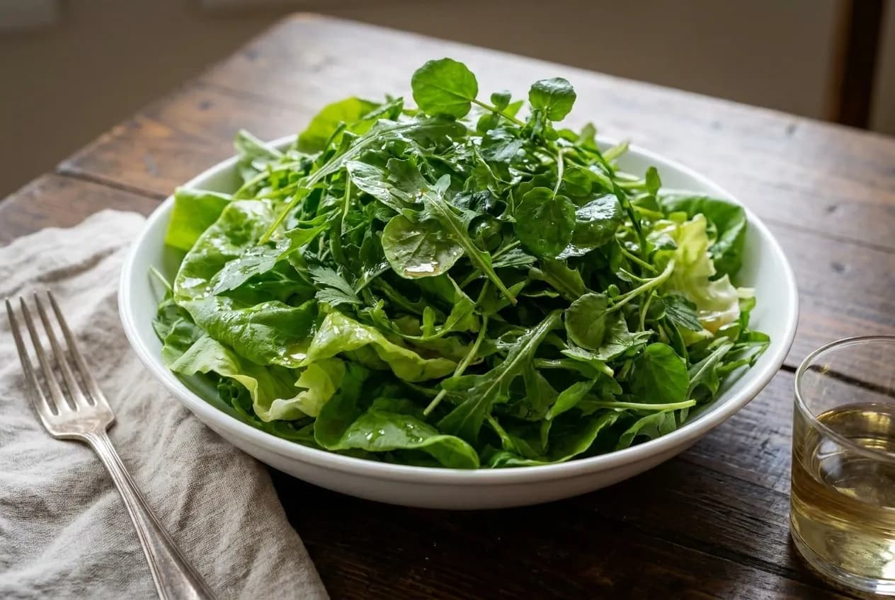 White bowl piled high with dressed green leaves on a dark wood table beside a fork, linen napkin, and glass of white wine