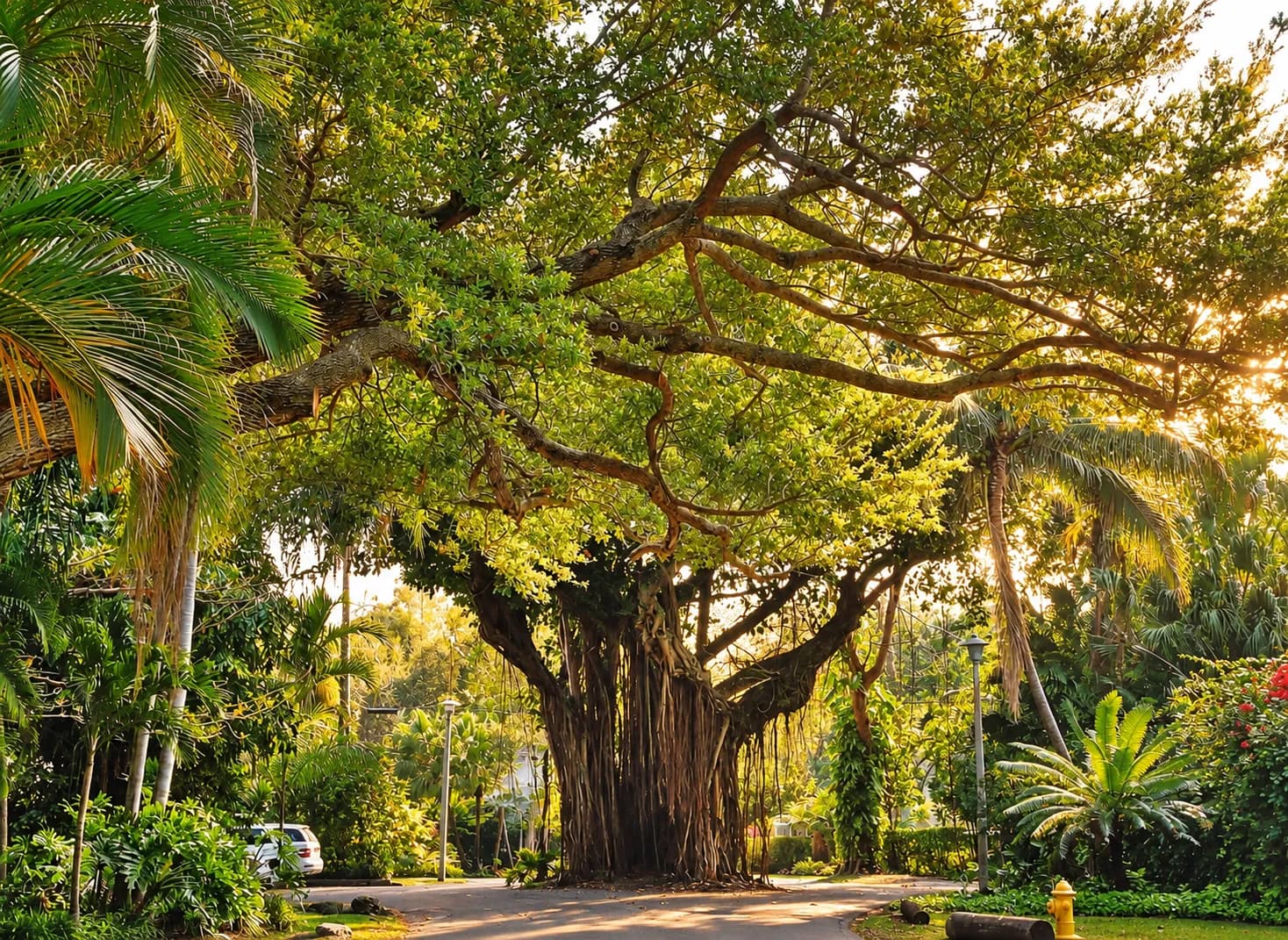 Shaded street with a dense tropical canopy arching over a two-lane road and dappled light across the pavement