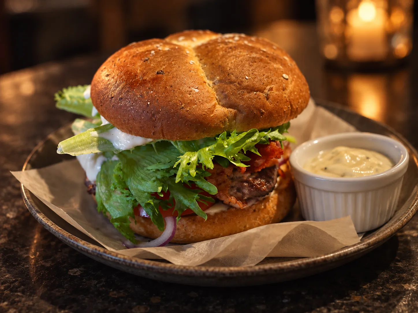 Sesame-bun burger with a griddled patty edge on a small plate with a ramekin of sauce beside it