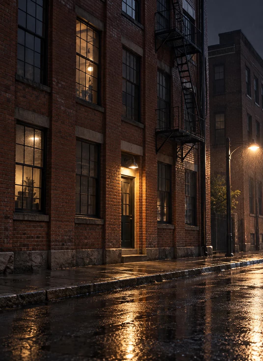 Narrow side street at night with brick warehouse frontages, tall multi-pane windows and a single lit doorway