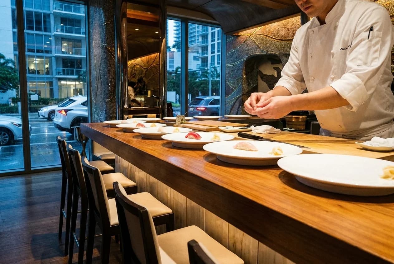 Sushi counter with chef preparing nigiri and empty bar stools in intimate dining room