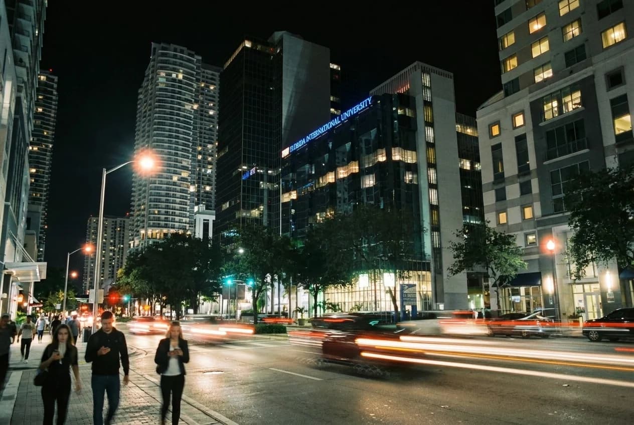 Brickell Avenue at night with illuminated towers and light trails from passing traffic
