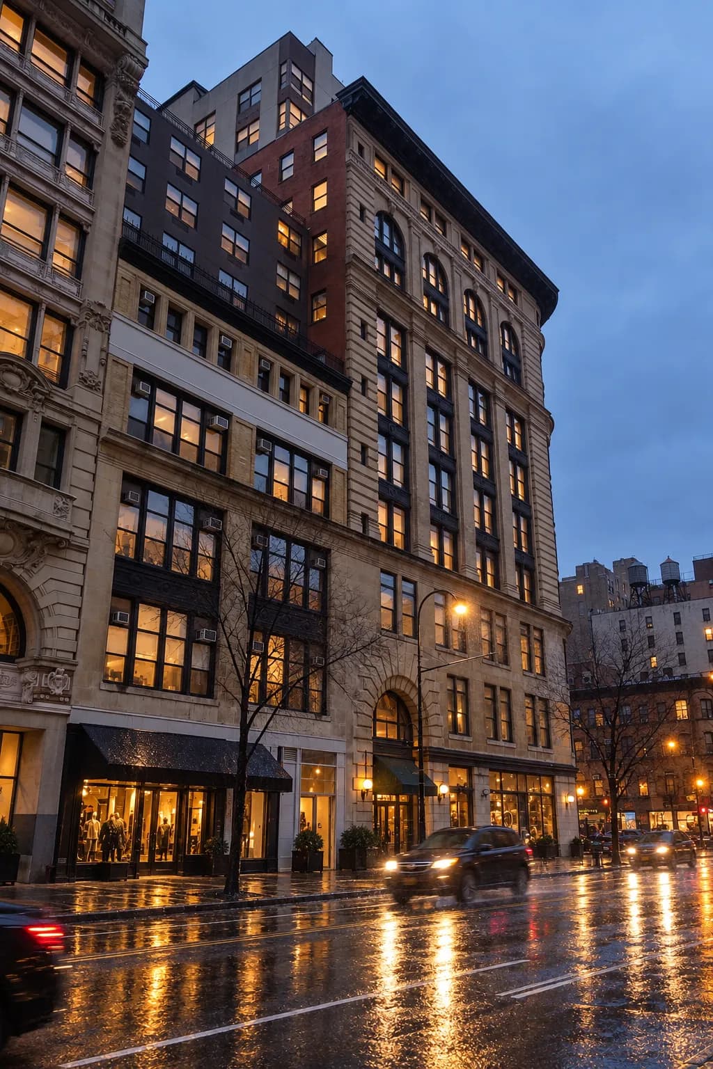 West Village corner at blue hour with low brick buildings at an angled intersection and wet pavement reflecting streetlight