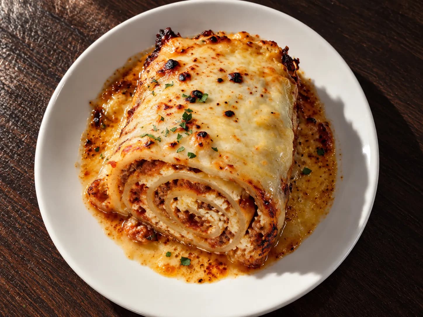 Rolled and sliced spiral of baked pasta with browned crisped edges and sauce pooling at the base