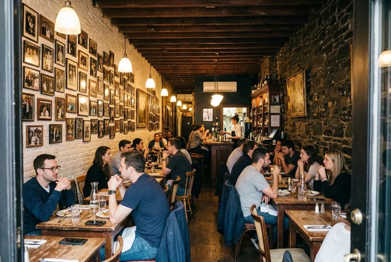 Narrow bistro dining room in the East Village with wooden tables, mismatched chairs, and photograph-covered walls