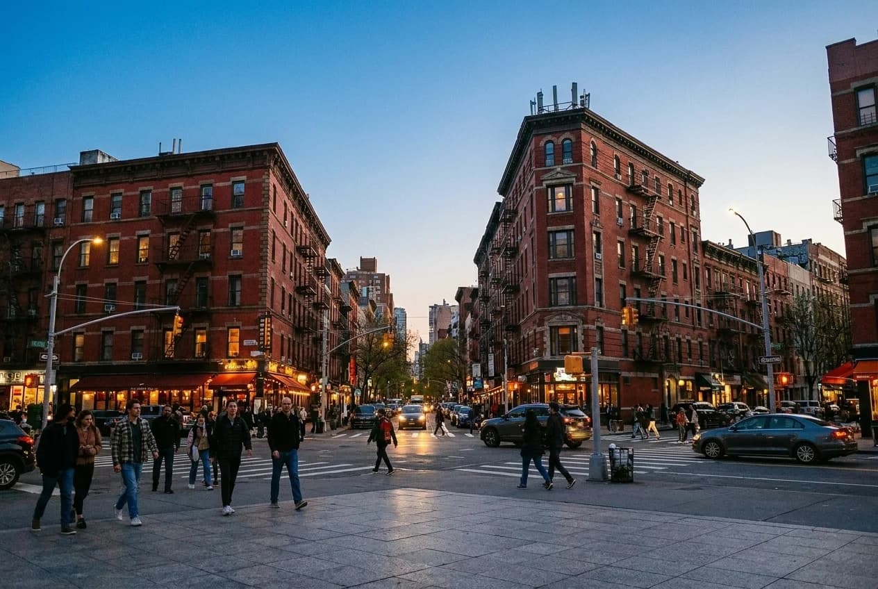 St Marks Place and Second Avenue intersection at dusk with pedestrians and lit storefronts in the East Village