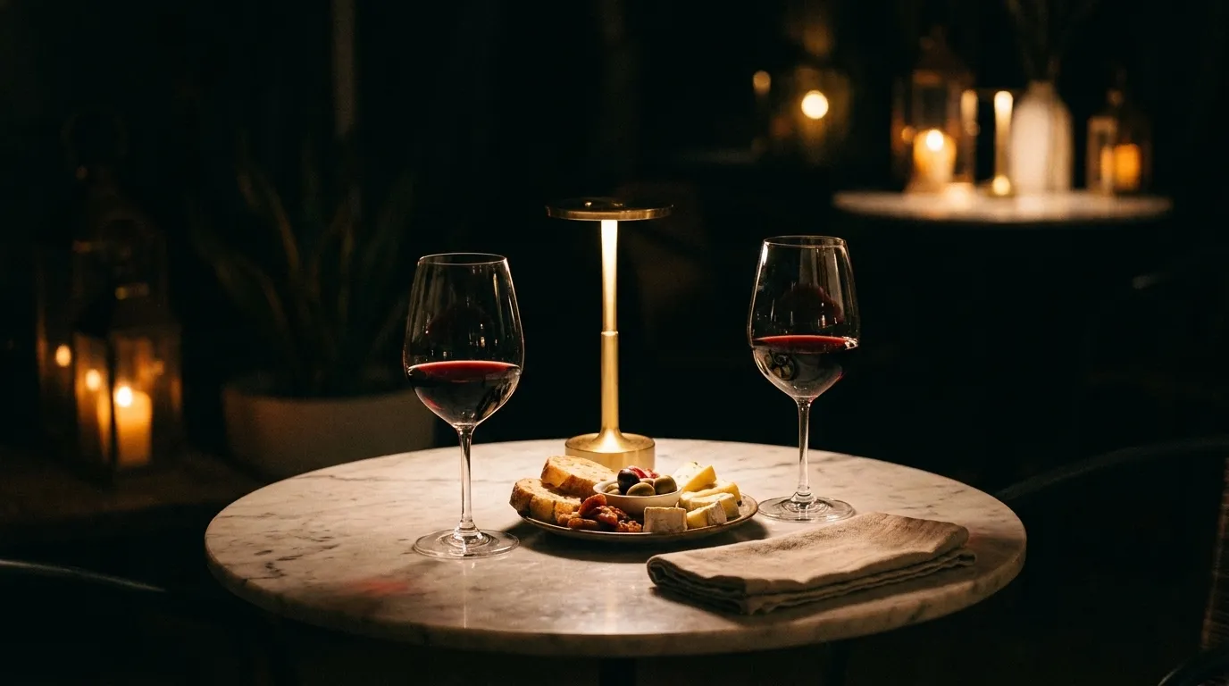 Two glasses of wine and a shared plate on a small marble table lit by a single candle