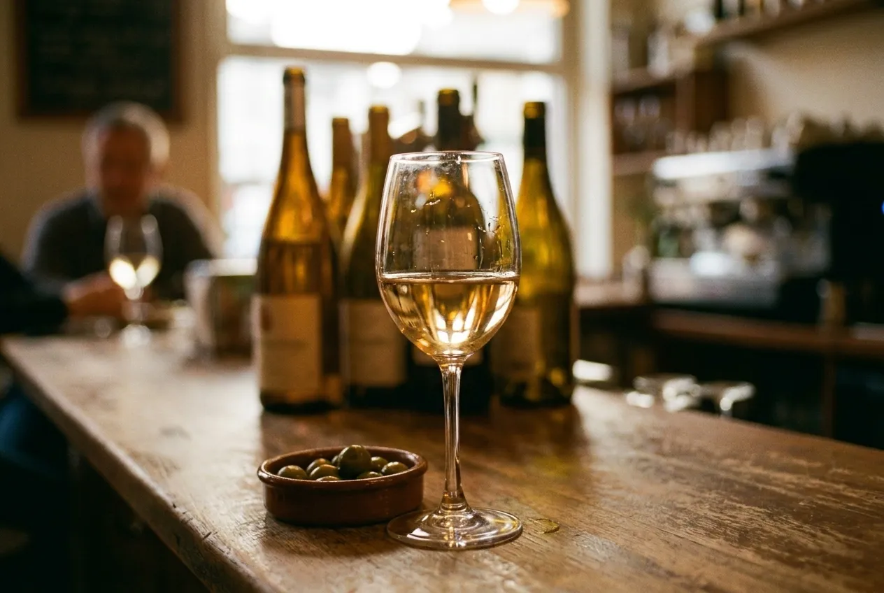 A single glass of wine on a bar counter with a small dish beside it, warm light from above and bottles blurred behind