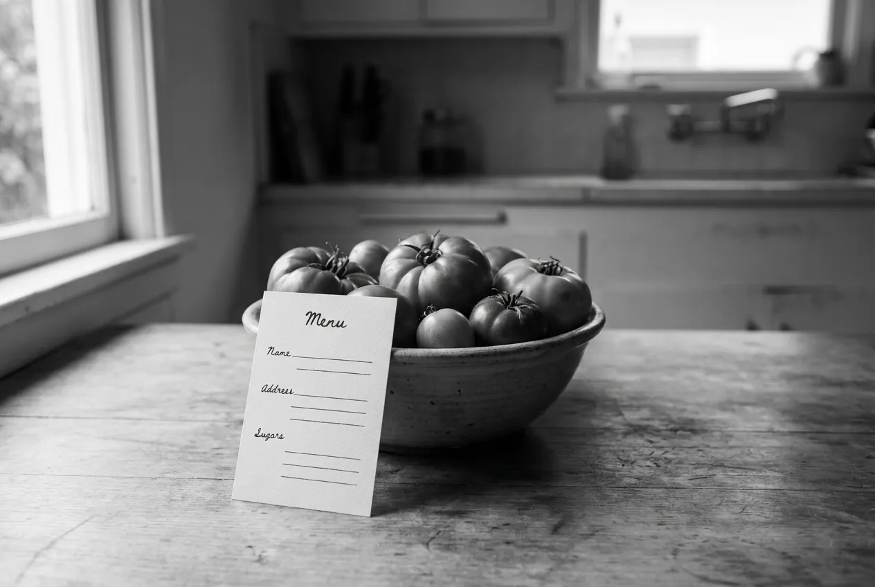 A short handwritten-style blank menu card propped beside a bowl of tomatoes