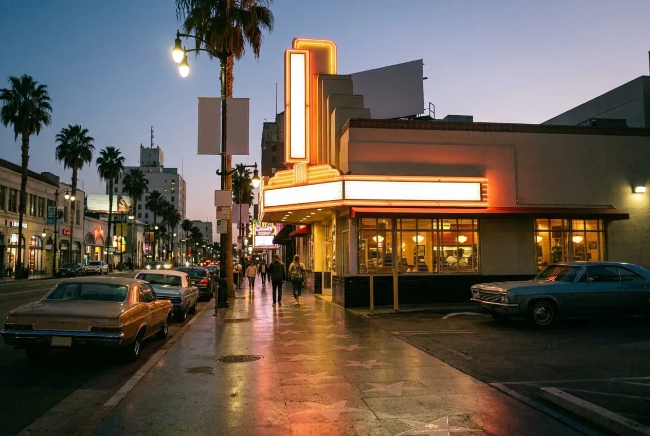 The lit exterior of an old Hollywood Boulevard restaurant at dusk, neon glow on the sidewalk