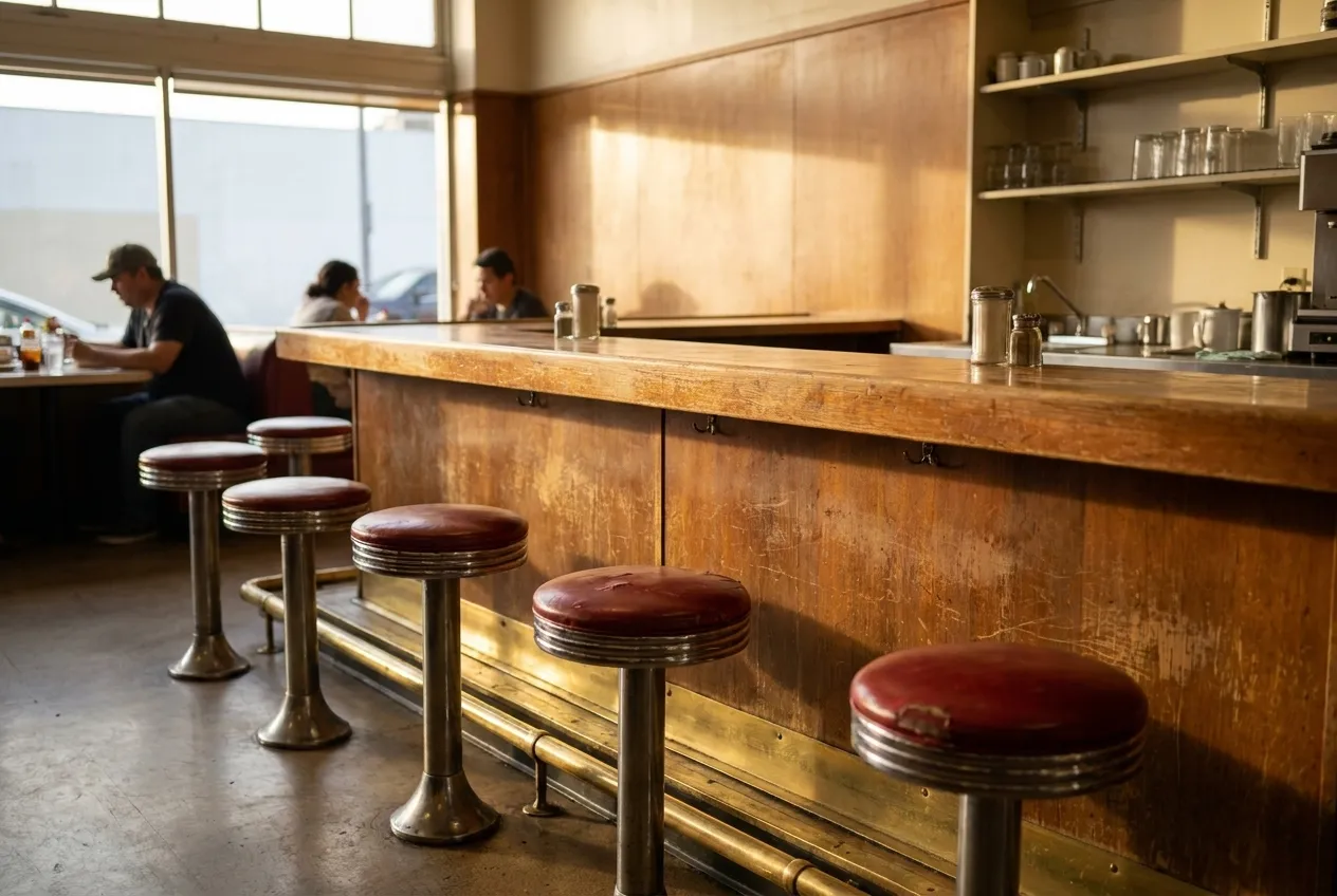 A worn wooden lunch counter with stools and a brass rail inside an old Los Angeles restaurant