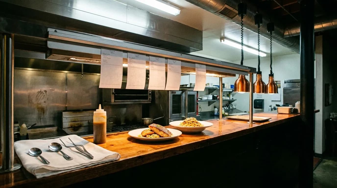 A restaurant pass with plated dishes waiting under warm lamps, tickets clipped along a rail above and clean spoons laid out on a folded cloth