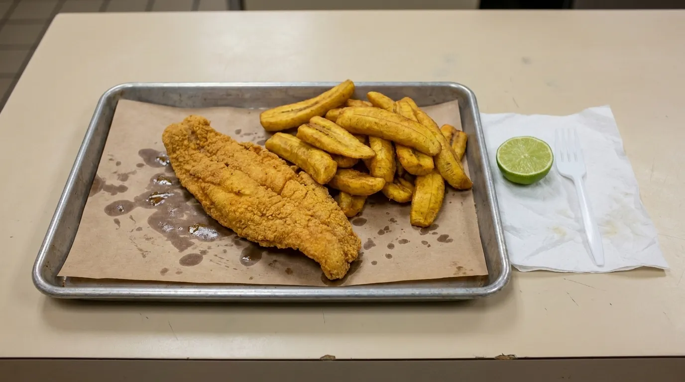A paper-lined tray of fried fish and plantains on a plain counter with a plastic fork and a wedge of lime