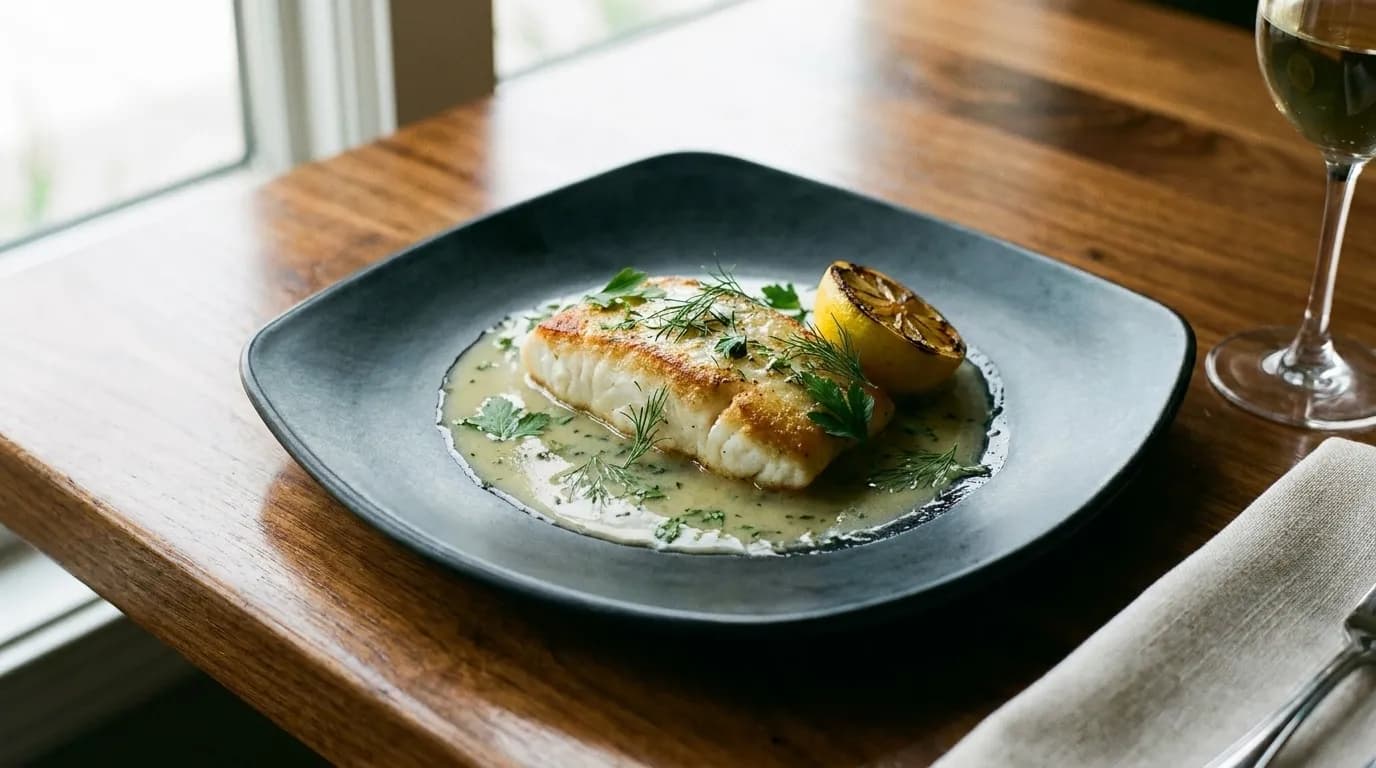 A single plated course on a dark ceramic dish — fish with a thin sauce and herbs — set on a bare wooden table beside a folded napkin and a wine glass