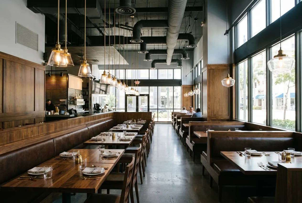 A newly finished restaurant interior with banquette seating, dark timber and brass fittings, pendant lights over empty laid tables