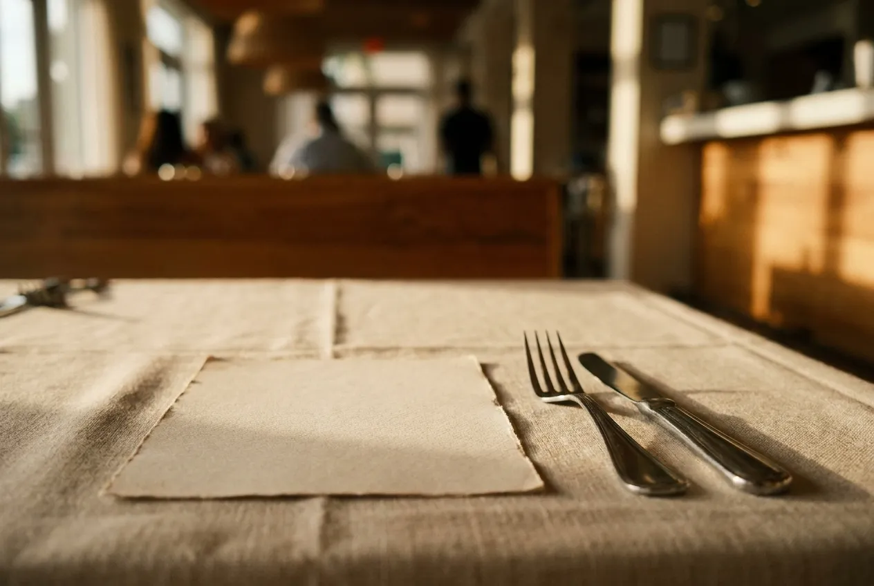 A single printed card resting on a linen tablecloth beside cutlery, the type too soft to read under low warm light