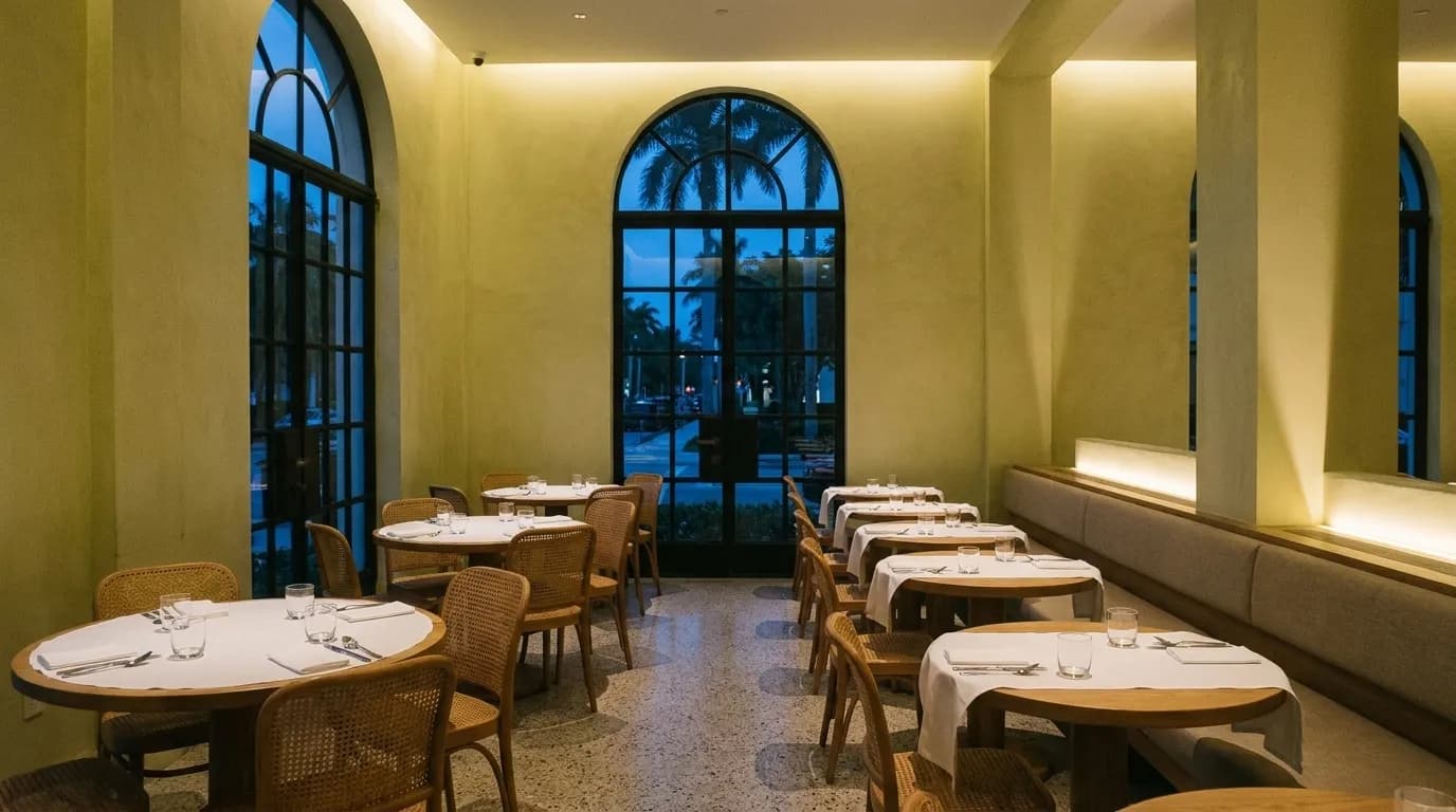 A newly finished dining room at dusk with bare plaster walls, arched windows and set tables
