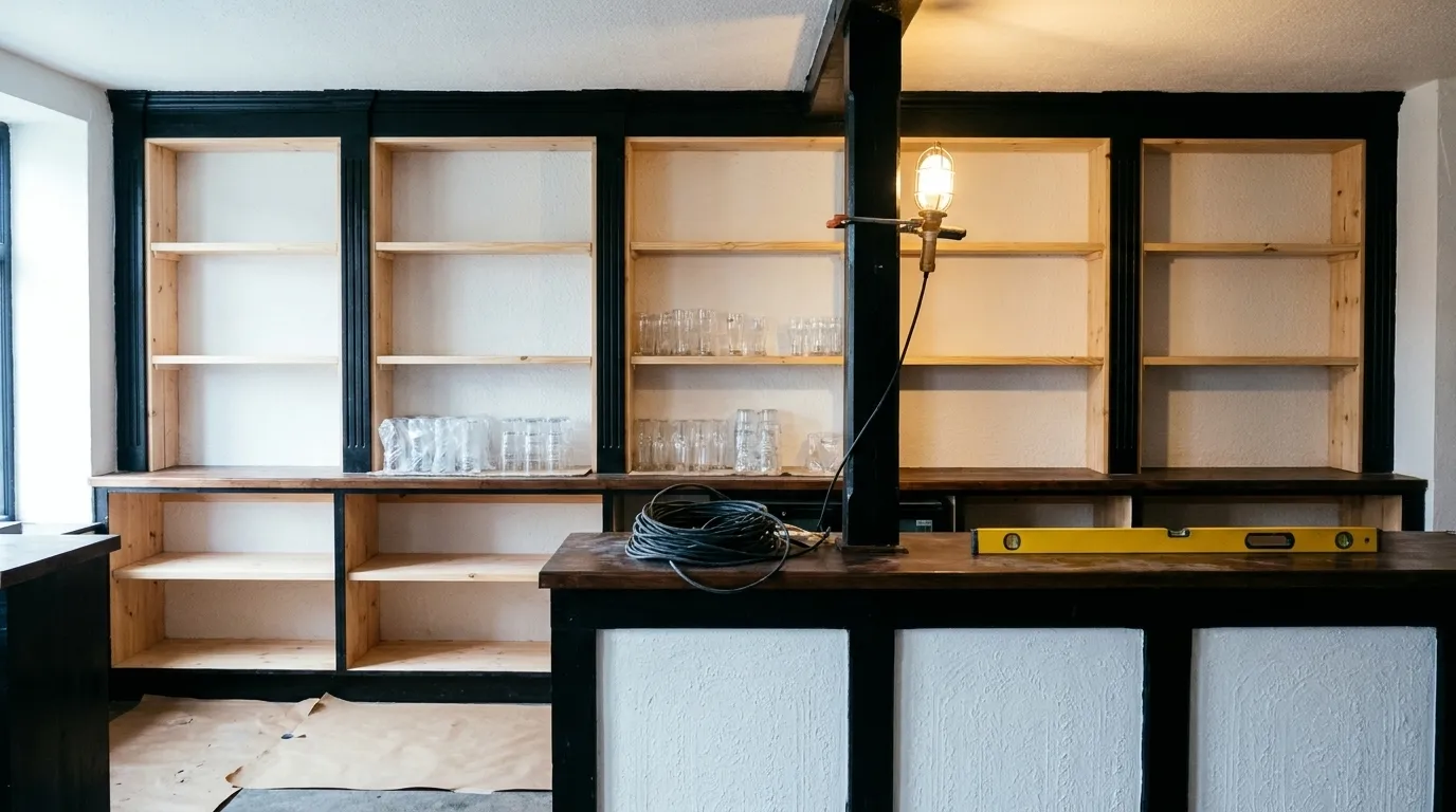 A bar back under construction light with fresh timber shelving and glassware still boxed