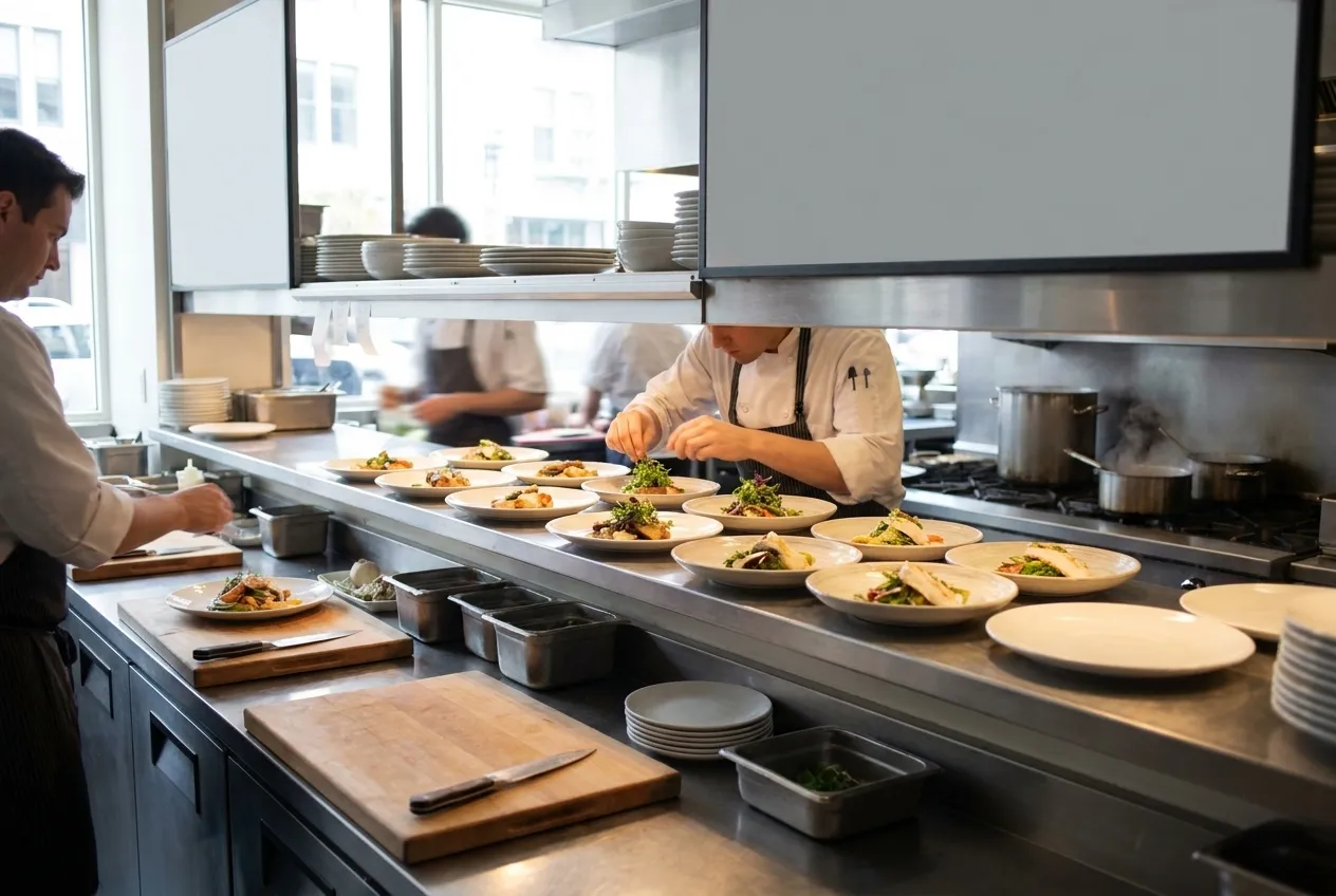 A row of chefs working a pass in a bright open kitchen