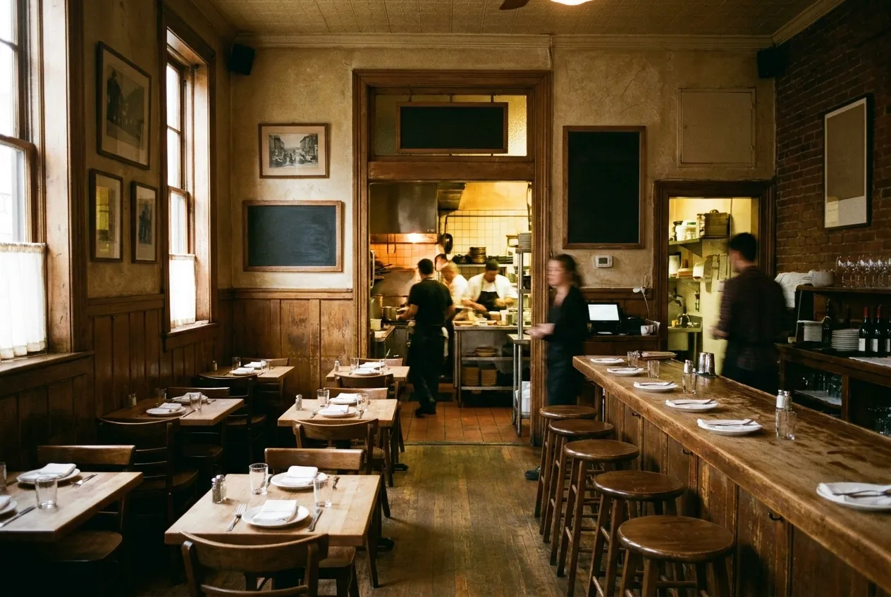 A very small dining room with perhaps eight tables and a counter along one side, warm low lighting and an open doorway to the kitchen at the back